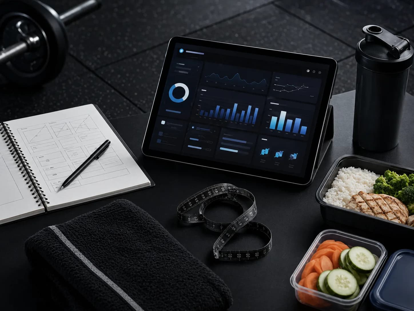 Coaching desk with training notebook, tablet, meal prep, and gym tools